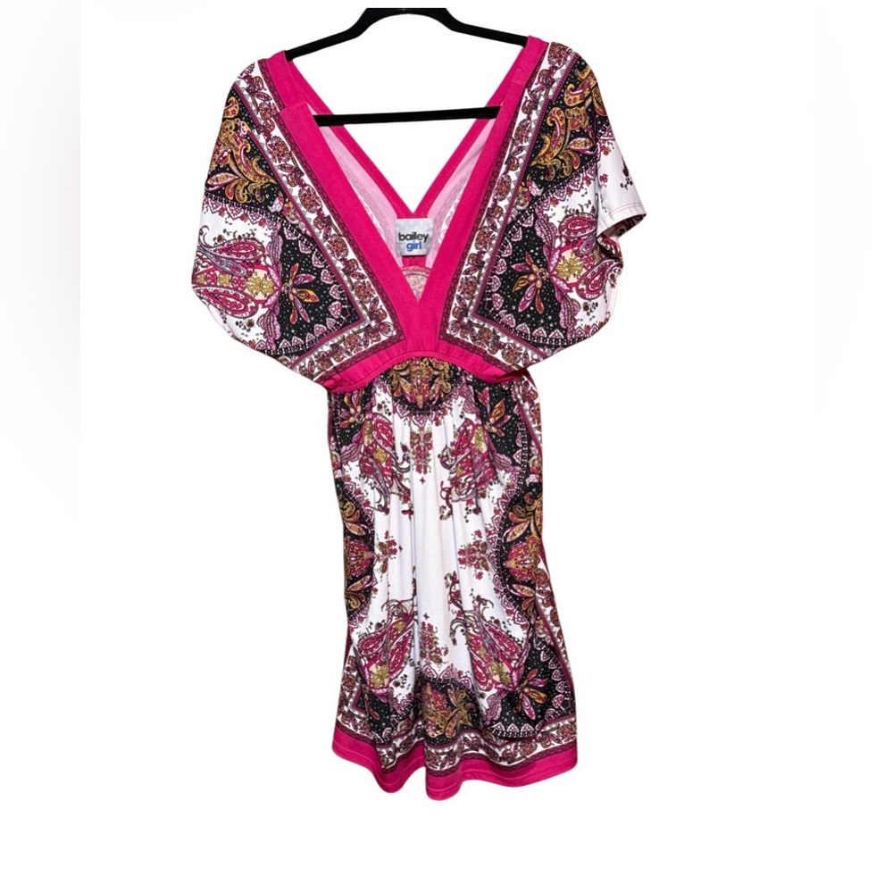 Bailey Girl Paisley Print V-Neck Tunic Dress Pink Boho Empire Waist Size L Y2K